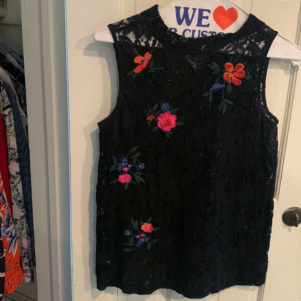 Black lace top with vibrant flowers